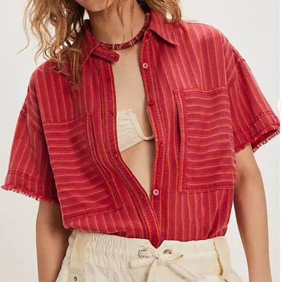 #285 NWT Free People Christopher Linen Shirt in Red Combo - Picture 1 of 5